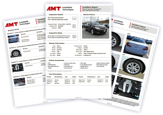 Sample report forms with photographs of vehicles