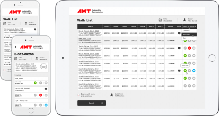 simulated AMT software computer screen and mobile device screens