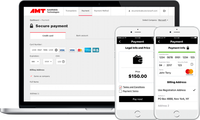 mobile and laptop screens displaying payment processing