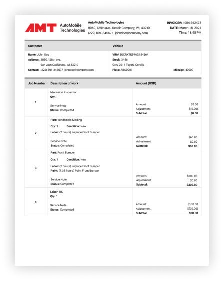 PDR invoice for customer
