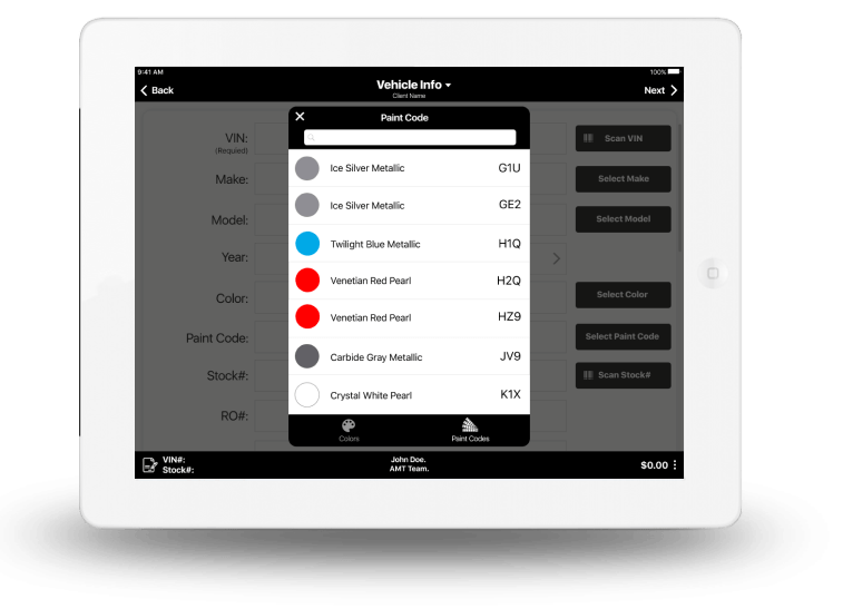 This feature allows you to select a paint code for a vehicle